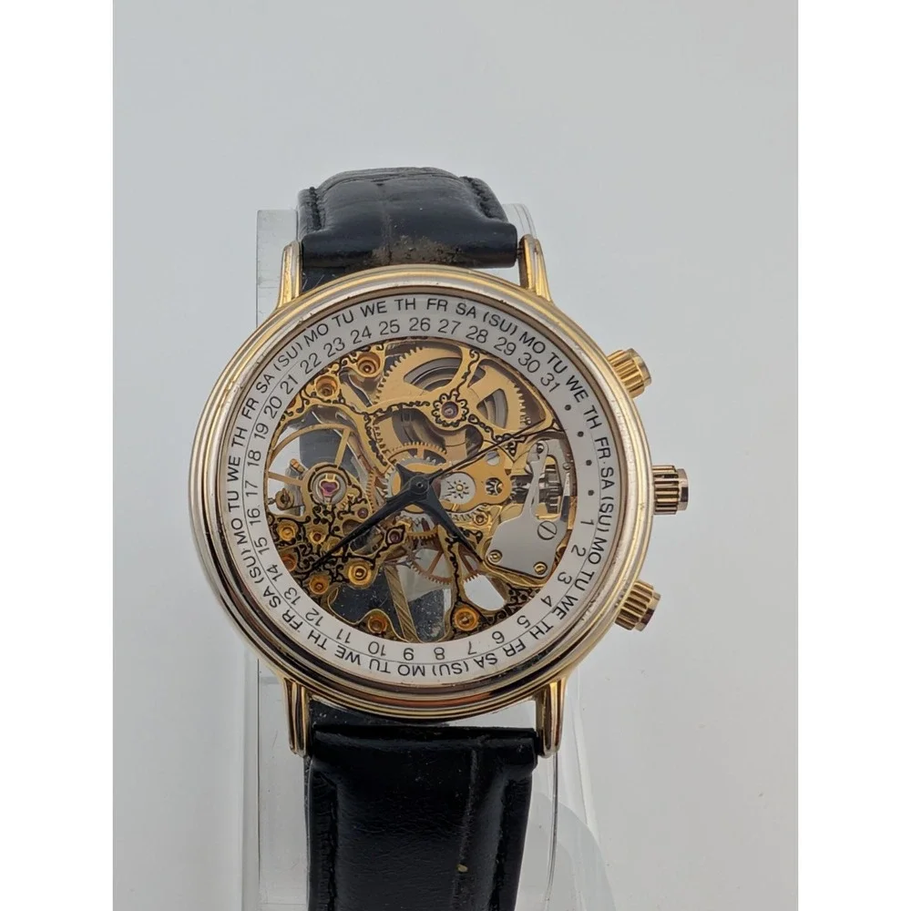 Men's Automatic Skeleton Dial Watch 37mm Gold Case Leather Band- New Battery